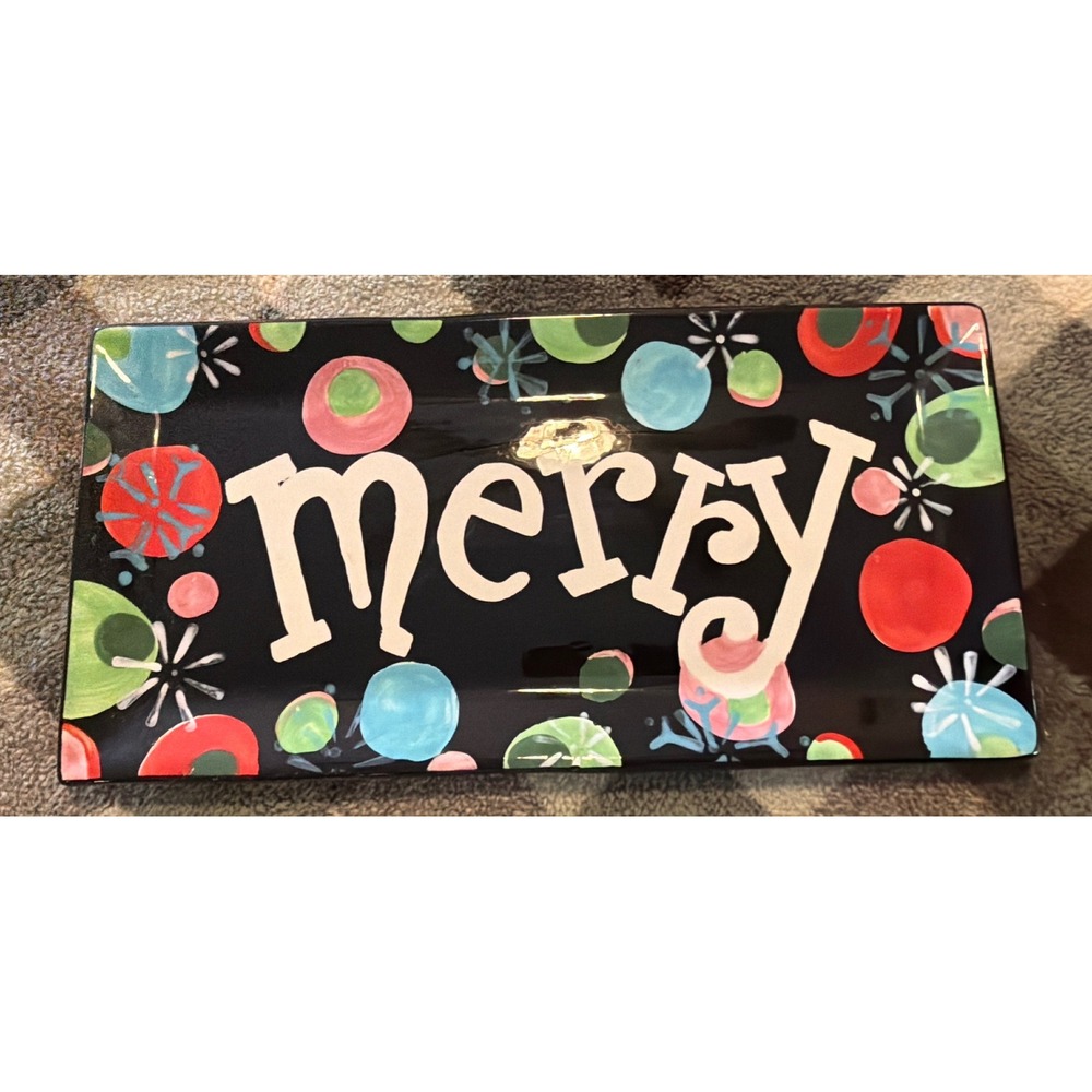Jay Import Company Xmas Cheer Merry Ceramic Serving Platter Black Holiday Tray